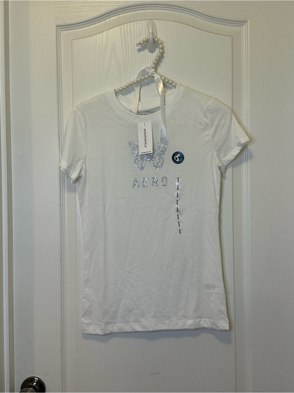 Aeropostale White Short Sleeve Tee with Silver Sequin Butterfly